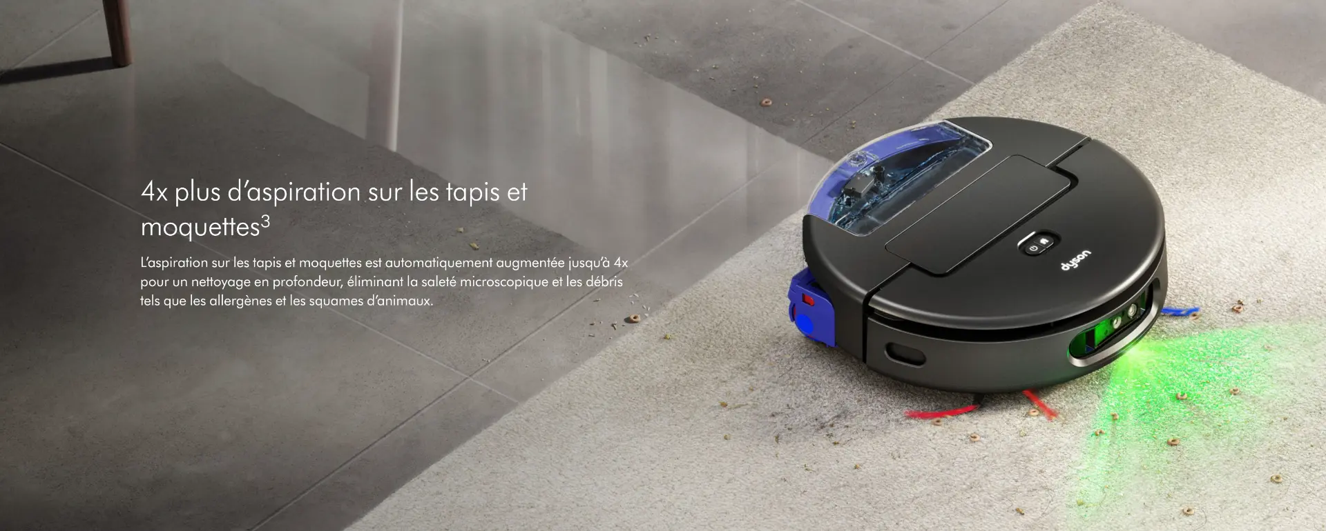 Dyson Spot+Scrub Ai augmentant son aspiration sur un tapis