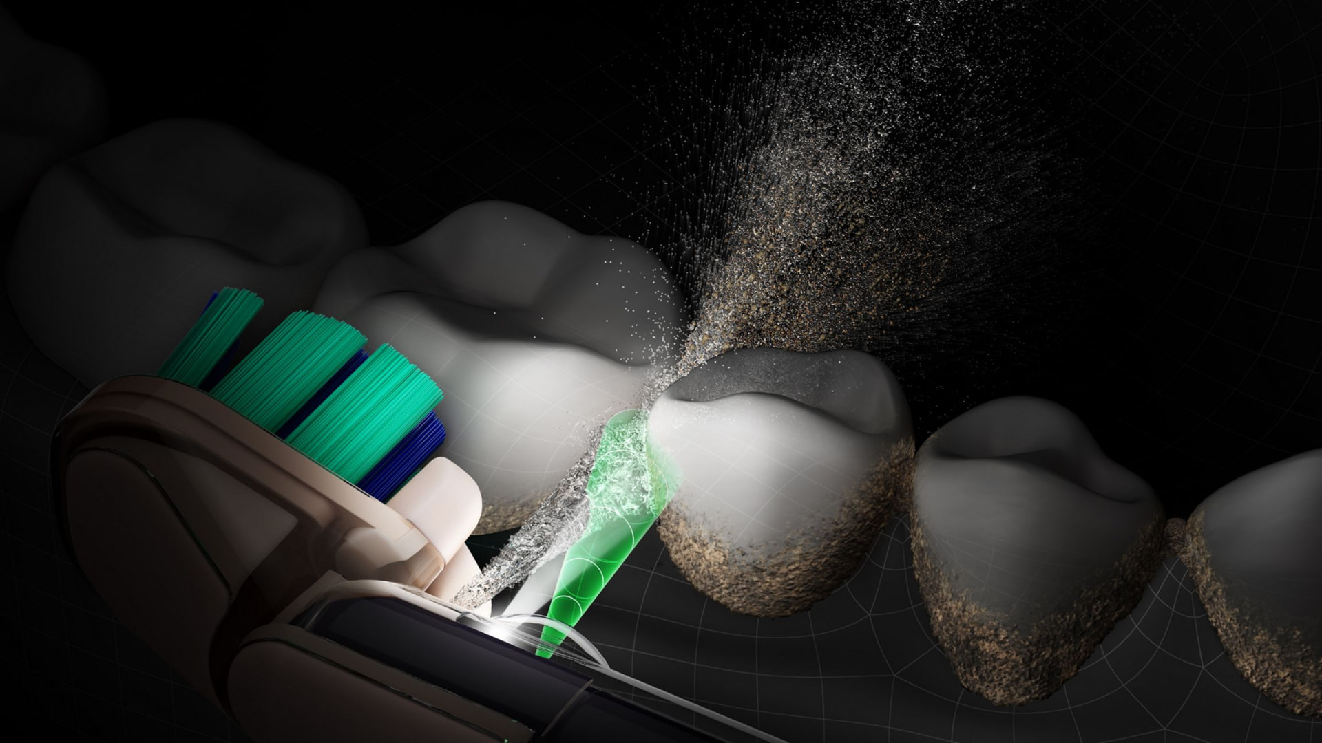 Le jet conique élimine la plaque entre les dents pendant le brossage